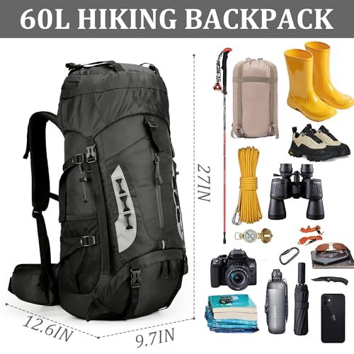 75L Hiking Backpack with Rain Cover Waterproof Camping Backpack Shoes Warehouse for Men Women, Frameless - color: Black, size: 60L