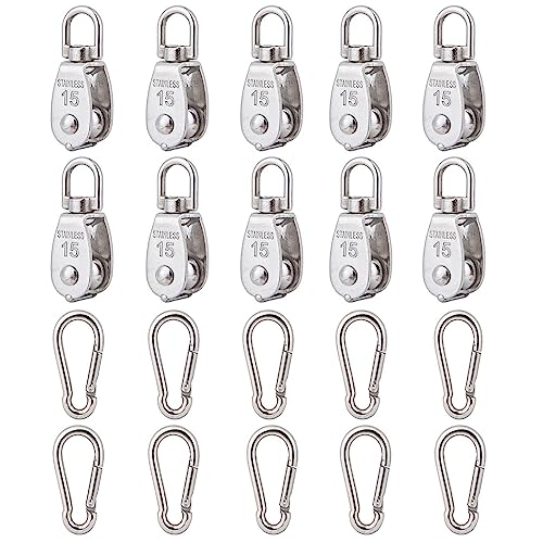 10x 304 Stainless Steel M15 Single Swivel Rope Pulley Blocks w/Snap Hooks | 360° anti-twist swivel pulley. For lifting, towing & hanging wire rope on crane/outdoor. Has spring snap hooks for fast fit - size: M15-10pcs