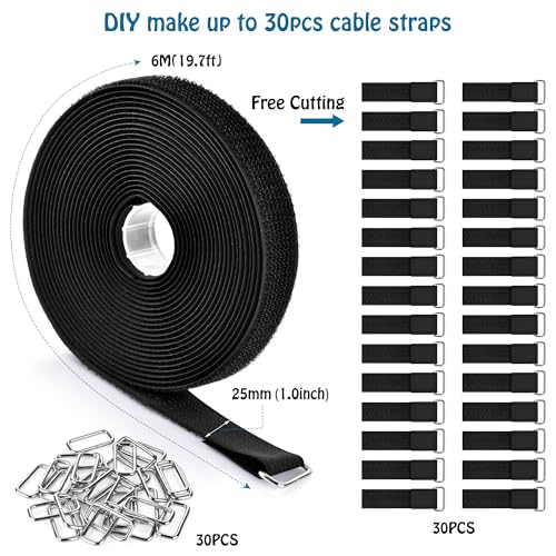 Nettbe 1"x19.7ft Hook and Loop Straps with 30 Buckles Adjustable Cut-to-Length Cable Ties - Reusable Nylon Fastening Tape Cable Straps for Storage or Organization (1in x 19.7ft) - size: 1in x 19.7ft
