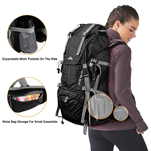 Loowoko 50L Hiking Backpack, Waterproof Camping Essentials Bag with Rain Cover, 45+5 Liter Lightweight Backpacking Back Pack - color: Black