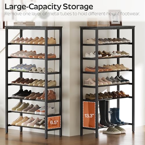 8 Tier Tall Shoe Rack, Large-Capacity Shoe Storage Organizer, Free Standing Shoe Shelf for Closet, Adjustable Metal Shoe Racks Organizer for 32 Pairs of Shoes, Charcoal and Black SS78BC