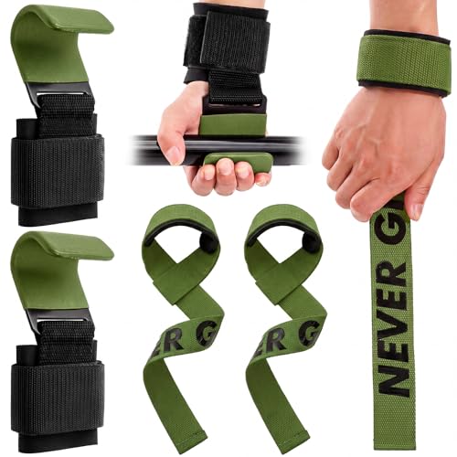 Weight Lifting Hooks & Wrist Straps Set Adjustable Wrist Wraps 2 in 1 Lifting Hooks with Anti-Slip Grip for Weightlifting, Deadlifts, Powerlifting, Gym Straps for Men and Women - color: Green