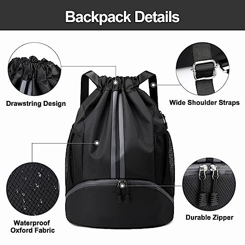 Hoedia Sports Drawstring Backpack - String Swim Gym Bag with Shoes Compartment and Wet Proof Pocket for Women&Men | String Bag with Shoes Compartment and Wet Proof Pocket, Adjustable Wider Shoulder Strap, For Soccer, Basketabll, Volleyball - color: Black,