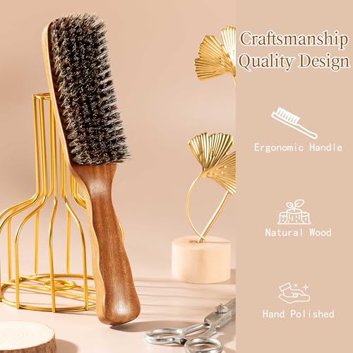 STYLEMATE Wild Boar Bristle Slick Back Hair Brush, Large Soft Bristle Hair Brushes for Thin & Fine Hair, Natural Sapele Wooden Handle Hairbrush for Women Men - size: Large