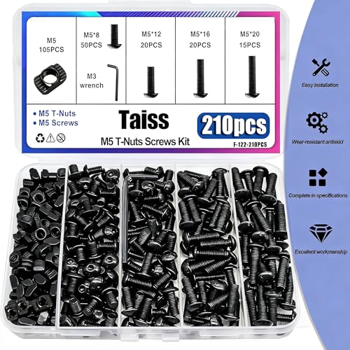 Taiss 210PCS M5 T-Nuts and Bolts Kit for 2020 Aluminum Extrusion Hardware,Hammer Head M5 T-Slot Nut,M5x8/12/16/20mm Hexagon Socket Screws with Hex Wrench - size: 210PCS M5 T-Nuts Screw Kit