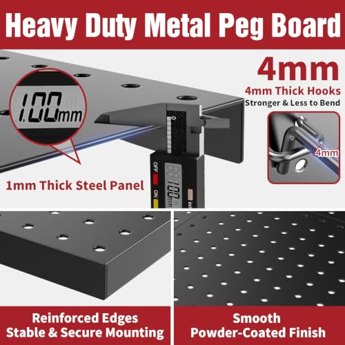 Heavy Duty Metal Pegboard Wall Organizer with 30 Hooks, Shelf and Tool Rack | Extra thick rustproof metal with 2 storage boxes, drywall anchors and screws for garage, workshop, gym and tool storage