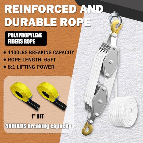 YATOINTO Rope Pulley Hoist 4400 LB, 8:1 Lifting Power Pulley Block and Tackle System, Pulley Block 2200LB Loading Capacity, 65ft Heavy Duty Rope Hoist for Lifting Pulling (with 2PCs Straps) - color: White, size: UPGRADED-4wheels+2pcs straps