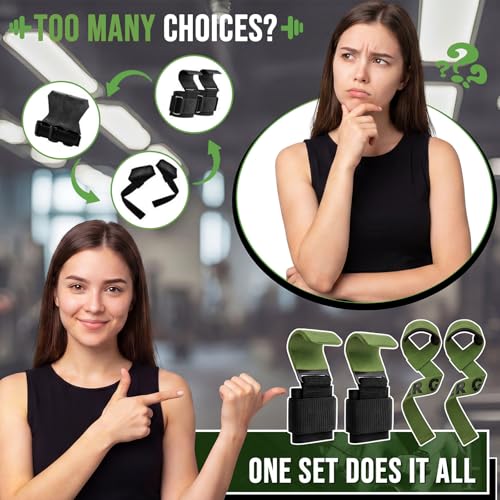 Weight Lifting Hooks & Wrist Straps Set Adjustable Wrist Wraps 2 in 1 Lifting Hooks with Anti-Slip Grip for Weightlifting, Deadlifts, Powerlifting, Gym Straps for Men and Women - color: Green