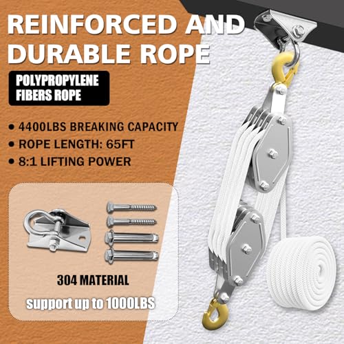YATOINTO Rope Pulley Hoist 4400 LB, 8:1 Power Pulley Block and Tackle System, Pulley Block 65ft, Rope Hoist for Garage Warehouse Constructions with 1 Swing Hanger 2 Screws 2 Expansion Bolts - color: White, size: UPGRADED-4wheels+swing hanger