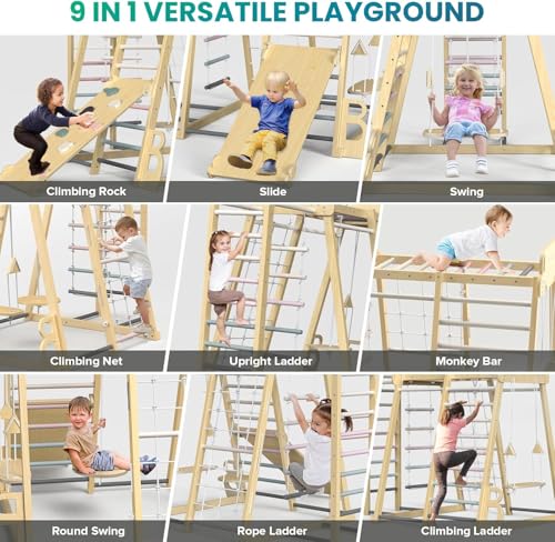 Upgraded Indoor Jungle Gym 9-in-1 Playground Kids Climbing Toys | Waldorf Style Wooden Climber Playset with Slide, Swing, Monkey Bars, Upright/Rope Ladder, Climb Net, Pink - color: Pink