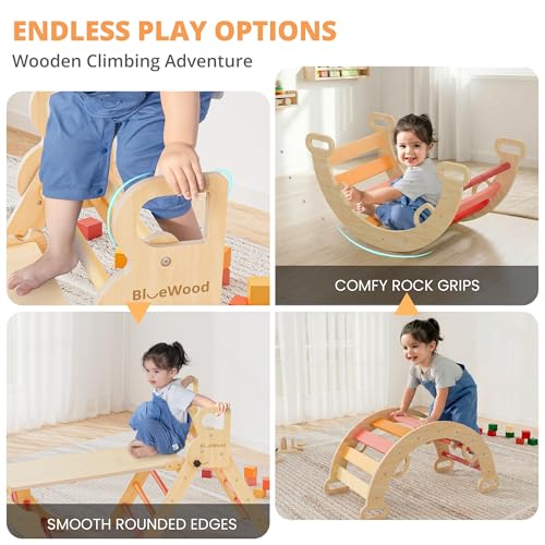 BlueWood Pikler Triangle Set, Toddler Climbing Toys Indoor 7in1 Foldable | Wooden Climber for Kids, Montessori Philosophy Play Jungle Gym with Arch, Ramp, Ladder (Farm Charm Autumn) - color: Farm Charm Autumn