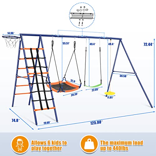 Swing Set for Backyard 550lbs - 6 in 1 Playground Sets for Backyards Safe Platform Swing for Kids Outdoor Heavy Duty Metal Frame with 3 Adjustable Swings Climbing Net Climbing Ladder Basketball Hoop