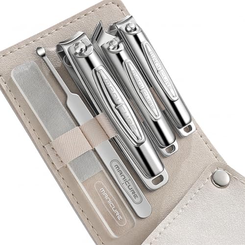 Nail Clippers for Men, 5pcs Professional Manicure Set with Sharp Slanted German Clippers, Stainless Steel Travel Pedicure Tools for Precise Hand Foot and Nail Grooming in Portable Leather Case