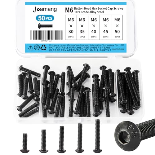 M6 x 30mm 35mm 40mm 45mm 50mm Button Head Socket Cap Screws Bolts, 10.9 Grade Alloy Steel, Black Oxide Finish, Metric Allen Hex Drive, Fully Threaded, Assortment Kit 50Pcs - size: Button M6x30-50 mm