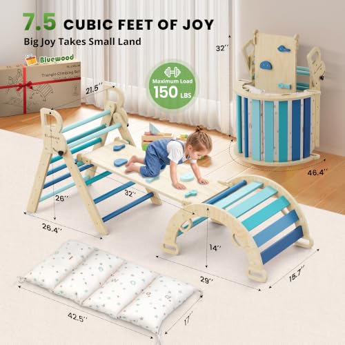 BlueWood Pikler Triangle Set with Cushion, Wooden Climbing Toys for Toddler | Foldable 8-in-1 Montessori Philosophy Toddler Climbing Toys Indoor with Reversible Ramp, Arch and Ladder - Sky Blue - color: Sky Blue