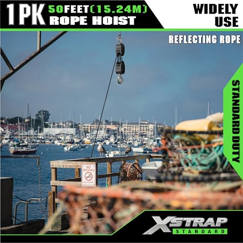 XSTRAP STANDARD 50FT Reflective Rope Hoist Pulley Block & Tackle 5:1 System | 1000 LB Working Load, 2000 LB Break Strength, 50 FT Rope Hoist with 2 Soft Loops for Garage, Hunting & DIY Attic Lift - color: Reflective Black