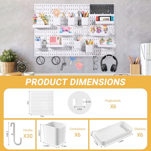 6-Pack PegBoard Wall Organizer, 11"X11" PegBoard, Include 48 Pcs Peg Board Accessories, Multi-Surface Storage Solution For Room, Office, Kitchen, bathroom