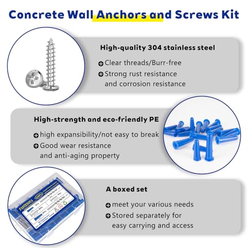 240Pcs Conical Concrete Anchors and 304 Stainless Steel Screws Assortment Kit,120 Concrete Wall Anchors+120 Screws, 2 Drill Bits, Suitable for Masonry, Stucco, Brick, Cement, Block and Tile