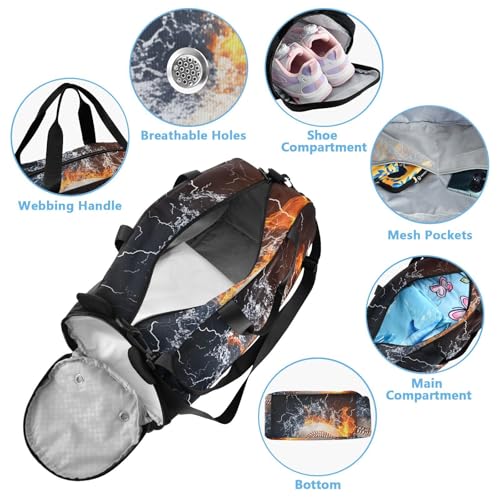 Kids Sports Duffel Bag for Boys & Girls - Baseball on Fire 100% Polyester Gym Bag with Separate Shoe Compartment, Adjustable Shoulder Strap, Compact Travel & Workout Gear Bag - color: Baseball on Fire
