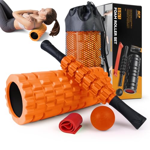 SUBCULTUREPICK 5-in-1 Foam Roller Set Trigger Point Exercise Foam Roller | High Density Deep Tissue Muscle Massage, Muscle Roller, Massage Ball, Stretching Strap, for Physical Therapy & Pain Relief - color: Orange-new