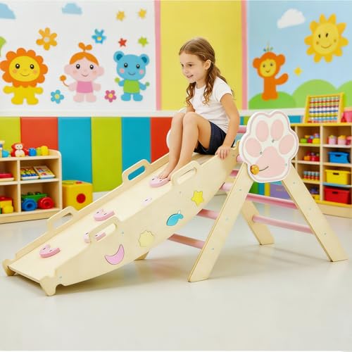Takywep Pikler Triangle Set, 7-in-1 Foldable Pikler Triangle Climbing Toys Set with Arch & Ramp & Ladder, Indoor Playground Gym, Wooden Montessor Climbing Set for Kids Toddler - color: Pink-cat