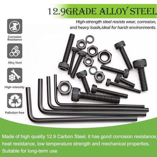 mxuteuk 888PCS Metric Screws Assortment,M4 M3 M2.5 M2 Screws Kit, Suitable for 3D Printing DIY, Grade 12.9 Alloy Steel Hex Socket Head Cap Bolts Nuts and Washers Kit, Black Zinc Plated - size: 888PCS M2 M2.5 M3 M4, style: Hex Socket Head