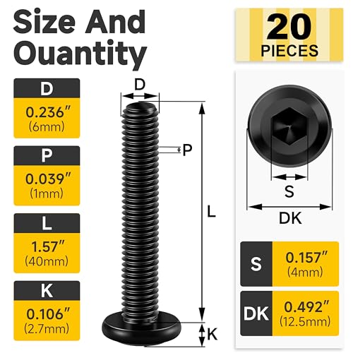 Mywish M6 x 40mm 20Pcs Flat Head Hex Socket Cap Screws Bolts, 304 Stainless Steel Furniture Bolts Full Thread, Black Oxide & Hex Spanner - color: Black-M6, size: 40mm