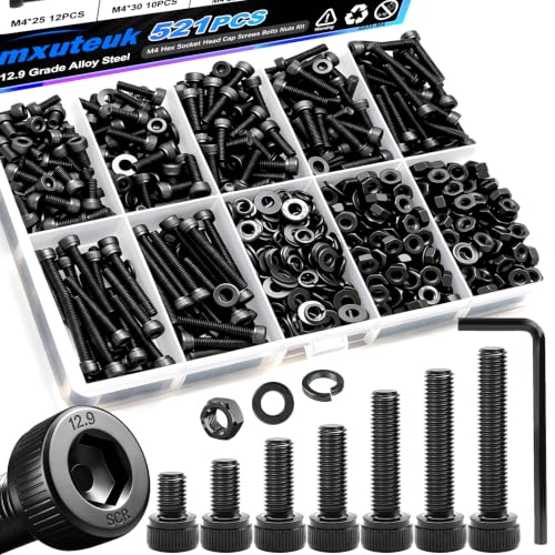 mxuteuk 521PCS M4 Screws Assortment Kit,M4×6/8/12/16/20/30mm 6 Size Hex Socket Head Cap Bolts, Nuts & Washers Set,12.9 Grade Alloy Steel Black Zinc M4 Bolts for Mechanical, Repair & DIY