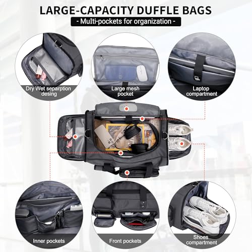WITZMAN Duffle Bag for Men 3 in 1 Convertible 45L Nylon Gym Travel Backpack | Multi-pockets with Shoe Compartment and Dry-wet Pocket, One Duffel Bag for Sports, Weekender, Overnight, B693 Silvery Grey - color: Silvery Grey