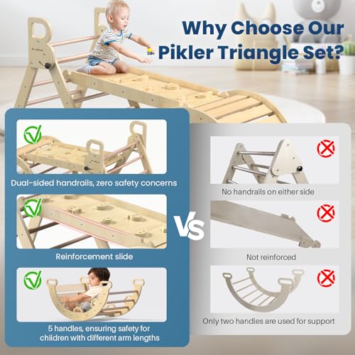 BlueWood Pikler Triangle Set with Safe Handle, Climbing Toys for 1-3 Year | Foldable 7-in-1 Montessori Toddler Climbing Toys Indoor, Wooden Pickler Climbing Set, Baby Jungle Gym & Playground, Natural - color: Natural Wood