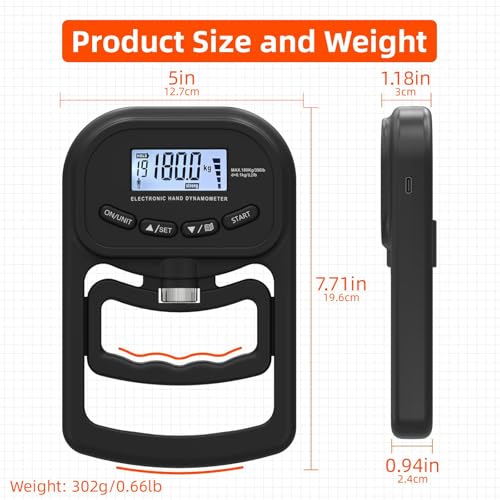 396lbs / 180kg Grip Strength Trainer, Rechargeable Electronic Hand Dynamometer, Digital Grip Strength Tester with LCD Display, Adjustable Hand Grip Dynamometer Hand Exercisers for Strength