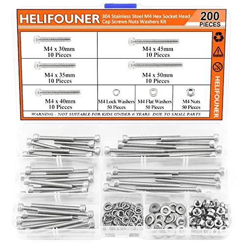 HELIFOUNER 200 Pieces M4 x 30mm /35mm /40mm /45mm /50mm, Hex Socket Head Cap Metric Screws Bolts Washers Nuts Kit, 304 Stainless Steel - size: M4 x 30/35/40/45/50mm