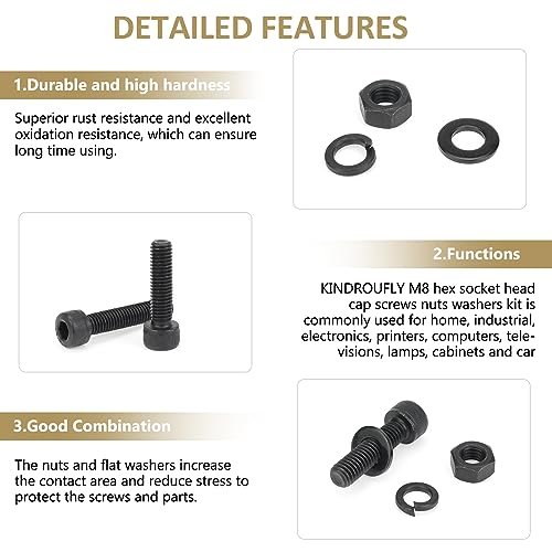 72 Pieces Black M8 x 30/35 /40/45 /50 mm Hex Socket Head Cap Screws Nuts Washers Assortment Kit, 12.9 Grade Alloy Steel - size: M8 x 30/35/40/45/50mm, style: Socket Head