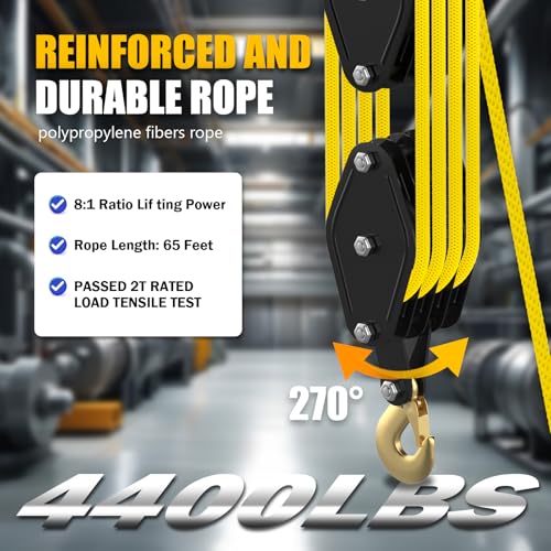 YATOINTO Rope Hoist Pulley System 4400LB, 65FT Pulley Block Tackle(Yellow) | 8:1 Ratio Lifting Power, Polypropylene Fiber Rope, Metal Bearing Structure, Black-coated Housing, Ideal for Towing Lifting - color: Yellow(Powder Coating)
