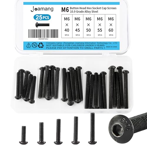 M6 x 40mm 45mm 50mm 55mm 60mm Button Head Socket Cap Screws Bolts, 10.9 Grade Alloy Steel, Black Oxide Finish, Metric Allen Hex Drive, Fully Threaded, Assortment Kit 25Pcs - size: Button M6x40-60 mm