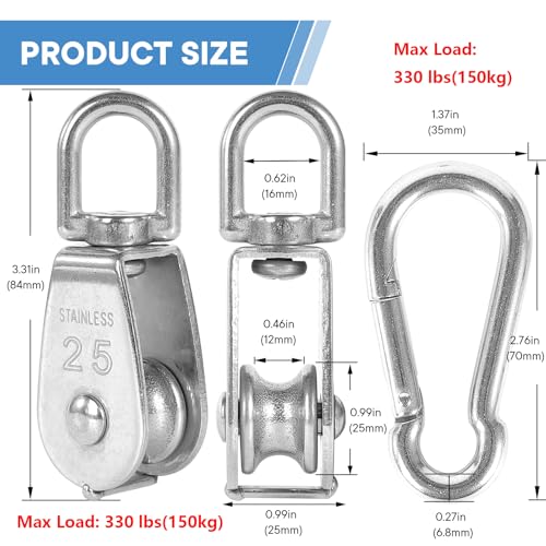2X 304 Stainless Steel M25 Single Swivel Rope Pulley Blocks with Snap Hooks | 360° anti-twist swivel pulley. For lifting, towing & hanging wire rope on crane/outdoor. Has spring snap hooks for fast fit - size: M25-2pcs