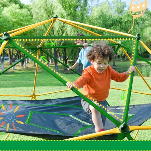 Merax 12FT Climbing Dome with Hammock, Outdoor Geometric Dome Climber | Playground Climber for Kids 3-10 Supporting 1000 lbs, Easy Assembly Play Center Jungle Gym - style: 12FT Yellow & Green