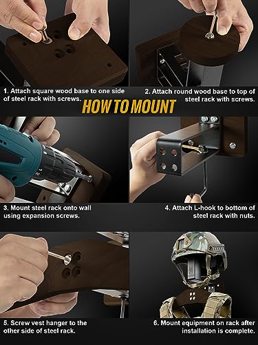 ONETIGRIS Tactical Gear Wall Mount, Motorcycle Helmet Holder Wall Mount Stand, Plate Carrier Rack Jacket Hanger Display Organizer for Police Football Cycling Suit - color: Walnut