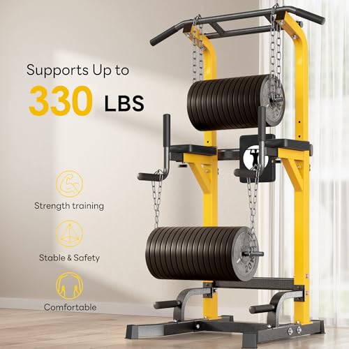 SogesPower Multi-Function Power Tower Pull Up Bar Station for Home Gym | 10-Level Adjustable Height Pull Up Bar Stand Dip Station Strength Training Workout Equipment - color: Yellow