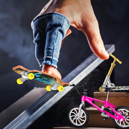 Skylety 31 Pieces Mini Finger Toys Set for Boy Girl Includes 6 Finger Skateboards, 4 Bikes, 2 Mini Scooters 4 Swing Board 8 Matched Wheels 7 Tool Accessories Educational Toy Party Favor(Novel) - style: Novel