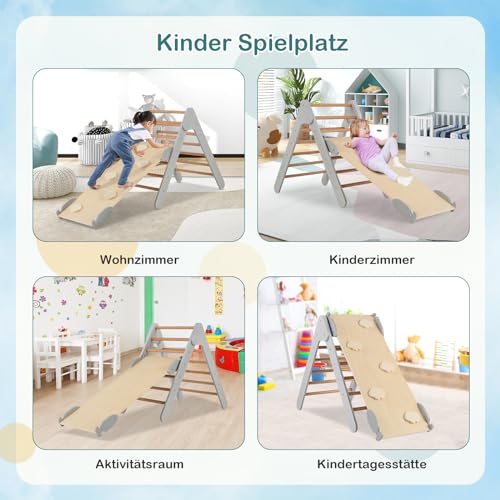 COSTWAY Climbing Triangle with Slide, Indoor Climbing Frame from 1 Year, Rung Triangle Climbing Ramp Made of Wood, for Climbing & Sliding (Grey)