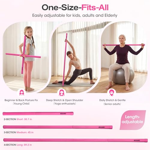 Yoga Stick, 58 Inch Mobility Stick with 3 Adjustable Lengths. Threaded Stable Alloy Steel Exercise Equipment for Stretching, Fitness, Posture Correction & Therapy - For Women & Kids at Home