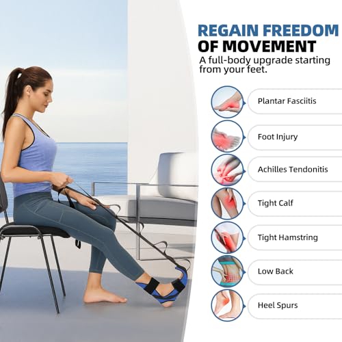 comness Foot and Calf Stretcher-Stretching Strap For Plantar Fasciitis, Heel Spurs, Foot Drop, Achilles Tendonitis & Hamstring. Yoga Foot & Leg Stretch Strap. (Blue) - color: Blue