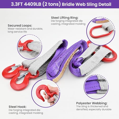 Lifting Slings Straps with Hooks - 3.3 FT, 4409LB Pounds Capacity, Polyester Bridle Sling, Heavy Duty Two Leg Rigging Strap for Engines, Cranes, Hoists, Truck, Purple