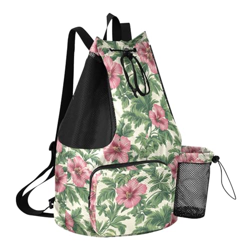Drawstring Backpack Climbing Gym Bag With Pockets Cinch Back Sack Waterproof Tropical Flowers Red