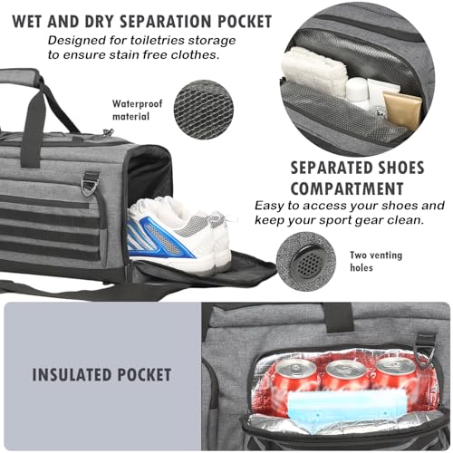 50L Tactical Gym Bag for Men and Women with Shoe & Laptop Compartment | Extra Large Duffle Bag, 3-in-1 Travel Sports Duffel Bags MOLLE Weekender Overnight Bag for Gym, Travel, Black + Gray - color: Black + Gray