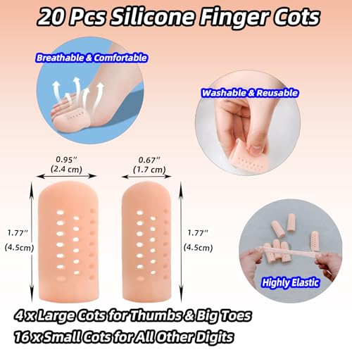 Gel Finger Cots 20 Pcs with Air Holes, Silicone Finger Protectors & Thumb Guards for Wounds, Cracking, Arthritis & Trigger Finger Pain Relief, Reusable Finger Covers & Sleeves in Nude