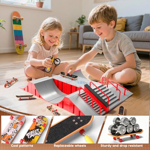 Finger Skateboard Park Kit for Kids, 14-in-1 Mini Skatepark Ramp Set with Half Pipe, 8 Finger Skateboards & Finger Bike, Ramp Accessories Toy Gifts for Boys Girls Ages 3+ - color: 14in1-red