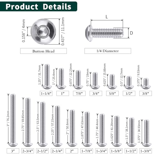 1/4-20 x 5/8" Button Head Socket Cap Bolts Screws, 304 Stainless Steel 18-8, Allen Hex Drive, Bright Finish, Fully Machine Thread, Pack of 25 - size: 1/4-20 x 5/8