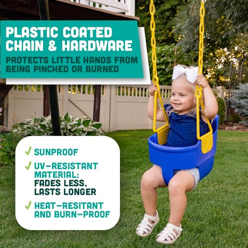 Premium High Back Full Bucket Toddler Swing Seat with Finger Grip, Plastic Coated Chains and Carabiners for Easy Install - Blue - Squirrel Products - color: Blue